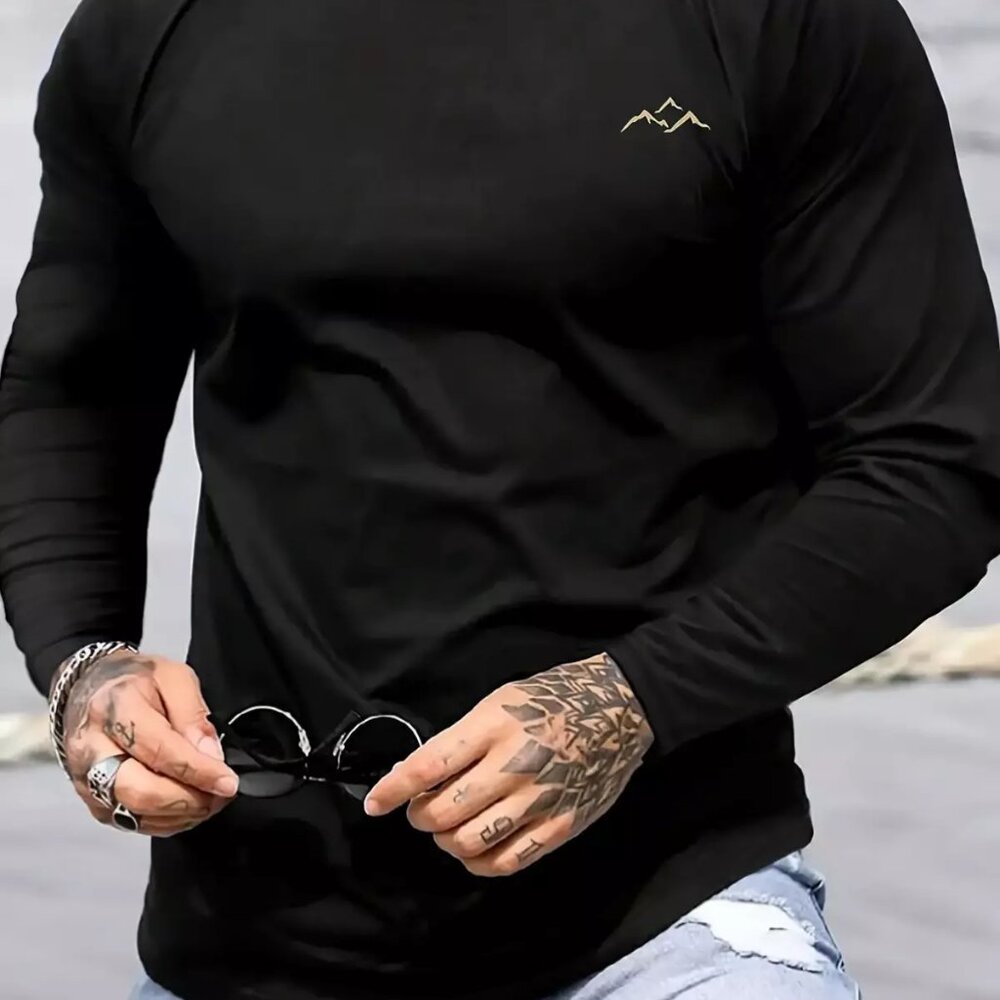 Men's Plus Size Long Sleeve Crew Neck Mountains Print Casual Breathable T-Shirt
